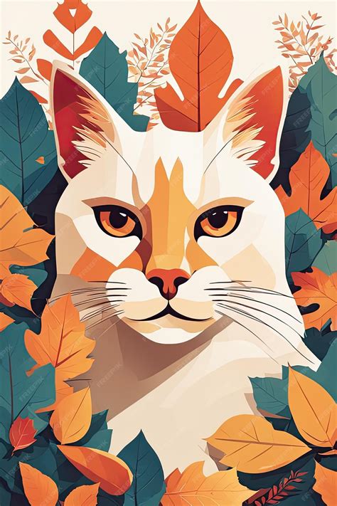 Premium AI Image | flat illustration cat head surrounded in fall leaves