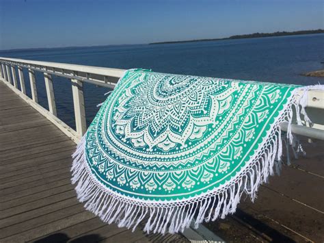 White & Sea Green Ombre Round Beach Towel, Mandala Roundie - RoyalFurnish.com