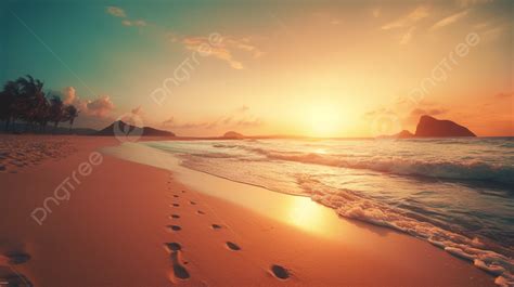 Beach At Sunset With Footprints On The Sand Background, Beautiful Sunset Beach Beach Background ...