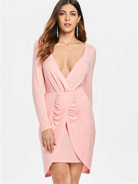 Elegant Pink Long Sleeves Women Bodycon Dress Sexy V Neck Low Cut ...