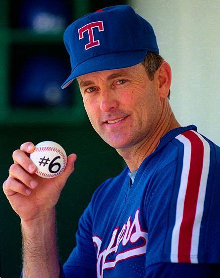 Nolan Ryan, pitcher for the Texas Rangers, poses with the game ball from his sixth career no ...