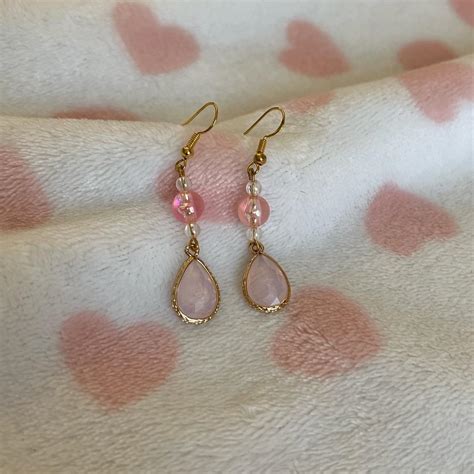 gold and pink hypoallergenic earrings handmade by me! - Depop