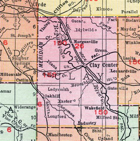 Clay County, Kansas, 1911 Map, Clay Center, Wakefield, Vining