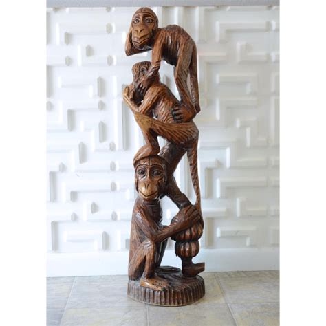 Wood Carved Monkey See No Evil Statue | Chairish