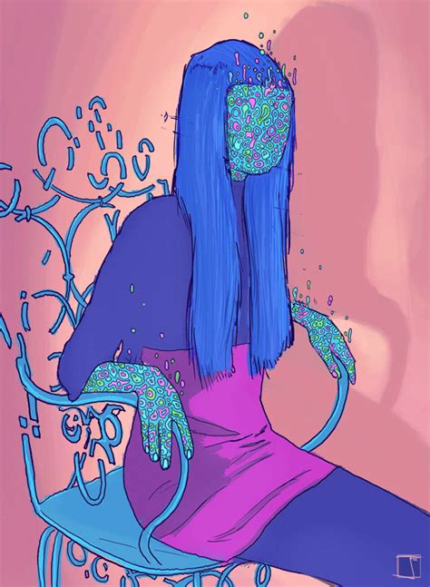a painting of a woman sitting on a chair with blue hair and purple dress, in front of a pink ...