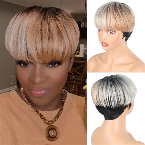 LEOSA Pixie Cut Wigs With Bangs For Black Women,Short Ombre Grey Bob ...