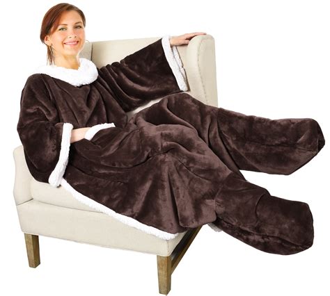 Sherpa Wearable Blanket with Sleeves & Foot Pockets for Adult Women Men ...