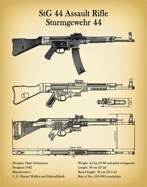 1942 MP 44 StG44 Assault Rifle Print - German Semi-Automatic Firearm - WW2 Rifle - NRA Decor ...