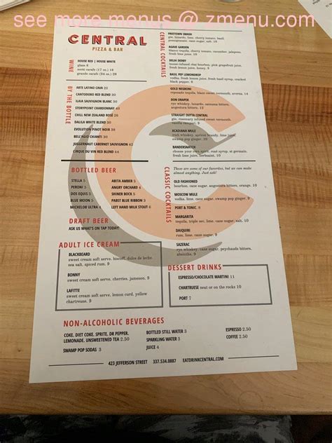 Menu at CENTRAL Pizza & Bar, Lafayette