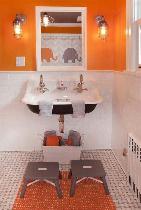 Orange and Gray Boys Bathroom with Gray Step Stools - Contemporary ...