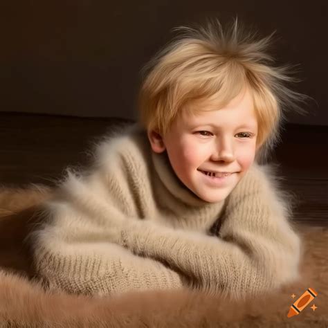 Boy in fuzzy sweater lying on fur rug on Craiyon