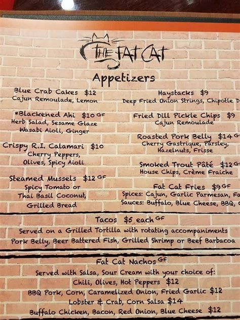 The Fat Cat menu in Quincy, Massachusetts, USA