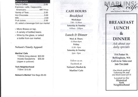 Menu at Marlins Cafe, Bellingham