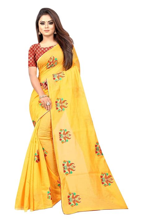 Buy Chanderi cotton with embroidery work SAREE (YELLOW) at Amazon.in