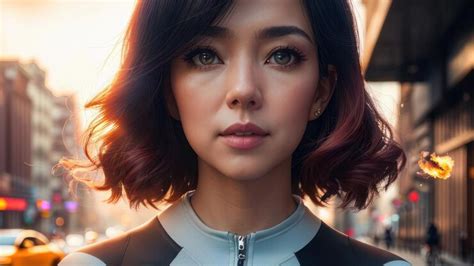 Premium AI Image | A woman with short hair and a short haircut stands in front of a street with ...