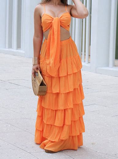 Women's Two Piece Crop Top and Ruffled Maxi Skirt Set - Orange