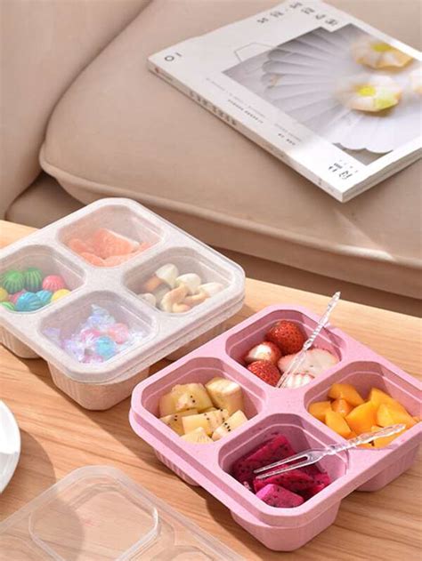 1pc Candy-colored 4-compartment Bento Box With Lid, Snacks & Nuts Serving Tray Made Of Wheat ...