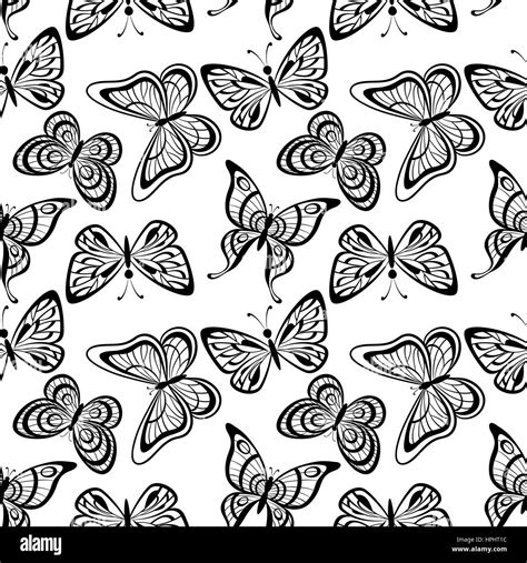 Seamless Tile Pattern, Butterflies Black Silhouettes Isolated on White Background. Vector Stock ...