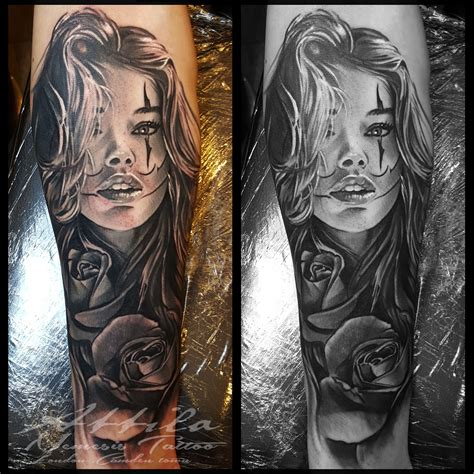 clown face girl and rose half sleeve forearm tattoo instagram/ nemesistattoo_attila | Girl face ...