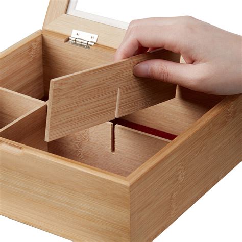 Wooden Tea Box with Glass Lid 6 Compartment Section Bag Storage Organi ...