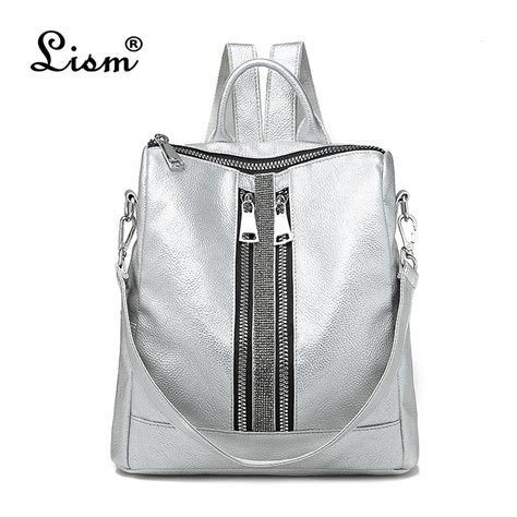 Women's Daypacks Silver New Zipper Women Backpack Travel Stripe Small Backpacks PU Leather ...