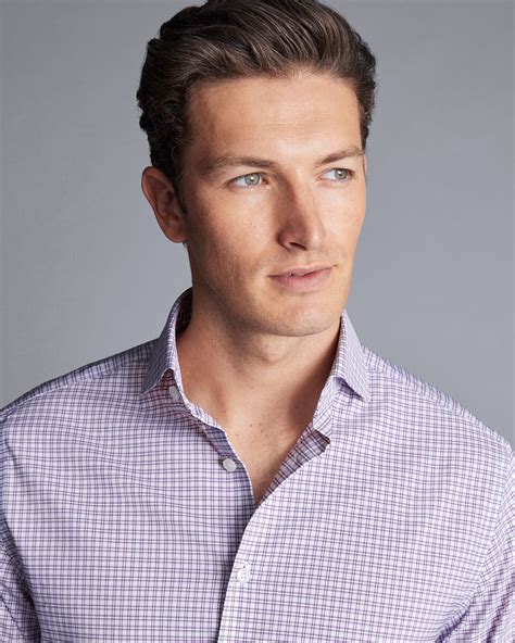 Non-Iron Stretch Twill Grid Check Shirt - Mauve Purple | Charles Tyrwhitt