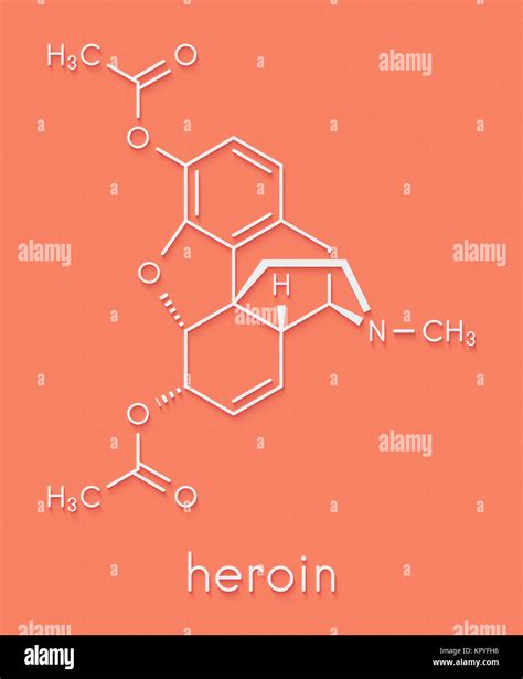 Heroin (diacetylmorphine, morphine diacetate, diamorphine) opioid drug molecule. Skeletal ...