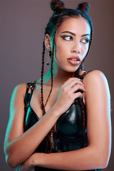 Fashion, Makeup and Black Woman in Studio with Gen Z Aesthetic, Punk and Rocker on Brown ...