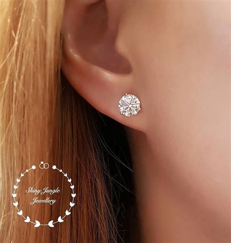 Diamond Stud Earrings, 0.5, 1 & 2 Carat Man Made Diamond Simulant Studs, 14k White Gold Plated ...