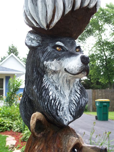 Wolf wood carving in a Totem Pole. Painted by Audra Kohut | Art carved, Carving, Wolf images