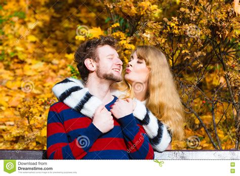 Lovers Couple in Autumn Park on Bench Stock Image - Image of boyfriend ...