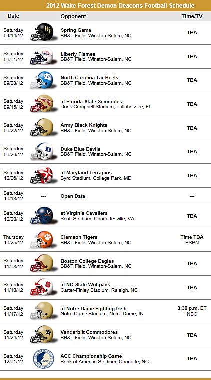 Wake Forest Demon Deacons 2012 Football Schedule WF | Wake forest demon deacons, Wake forest ...