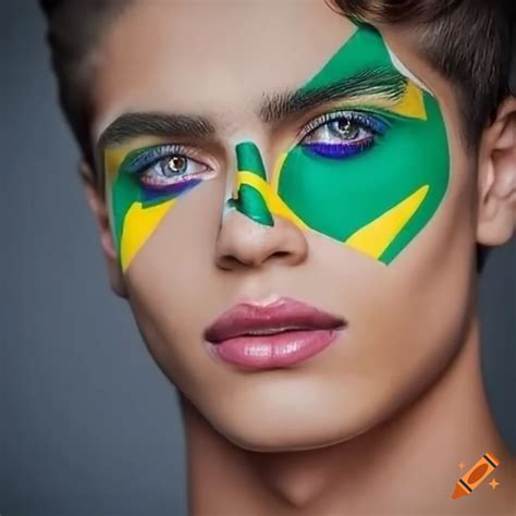 Male model with dramatic eye makeup in brazilian flag colors