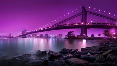 Manhattan Bridge At Night New York City United States UHD 4K Wallpaper | Pixelz