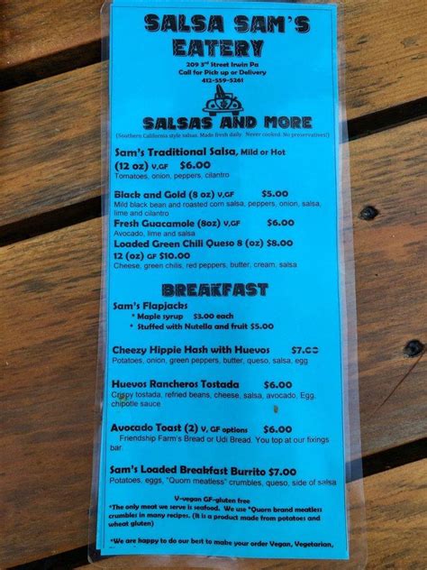 Menu at Salsa Sam's Eatery, Irwin, 209 3rd St