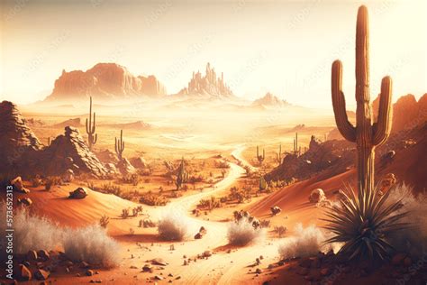 landscape of wild west with dusty desert landscape with cactus and sand dunes, generative ai ...