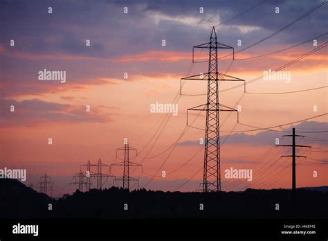 Silhouette of Power Lines during Sunset Stock Photo - Alamy