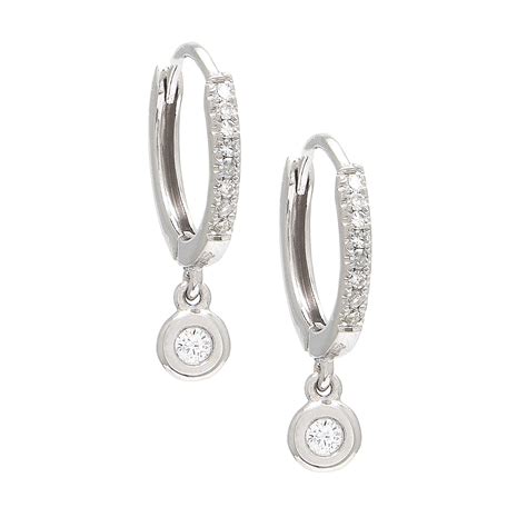 White Gold Fashion Round Bezel Diamond Earrings (Small Hoop Diamond Earring W/ Hanging Charms ...