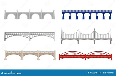 Various Types of Bridges Made of Concrete and Metal Isolated on White Background Vector Set ...