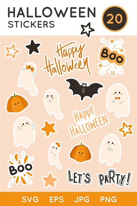 Halloween stickers with kawaii characters, lettering, stars