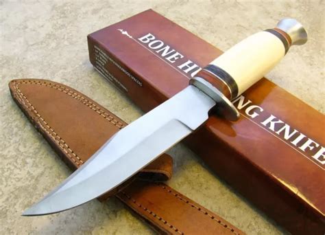 FIXED BLADE KNIFE Hunting Clip Point Bone Handle Custom Leather Sheath ...