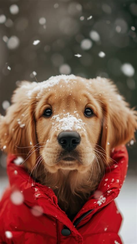 golden retriever puppy in snow, dog wearing jacket, cute dog winter ...