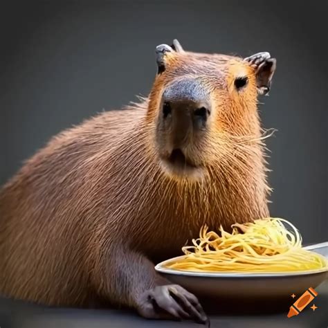 A capybara eating pasta