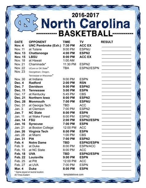 Printable 2016-2017 North Carolina Tar Heels Basketball Schedule