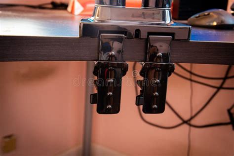 Close-up Double C Clamp Mounting Base of Dual Monitor Stand on Curved ...