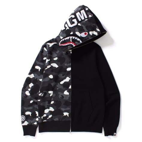 BAPE City camo half shark full zip hoodie (Black), Men's Fashion ...