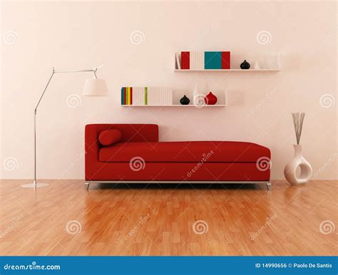 Red couch in modern lounge stock illustration. Illustration of shelves ...