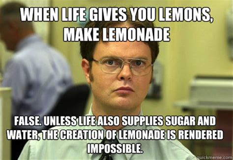 When life gives you lemons, make lemonade False. Unless life also supplies sugar and water, the ...