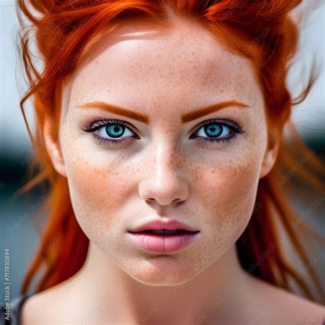 close up portrait of a woman,angry woman face, blue eyes, red hair woman, ponytail, angry ...