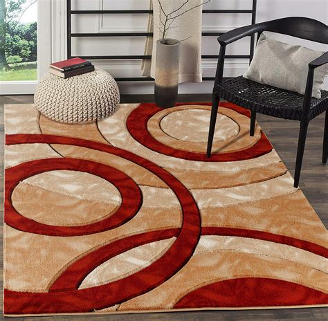 GLORY RUGS Area Rug Modern 8x10 Dark red Circles Geometry Soft Hand Carved Contemporary Floor ...